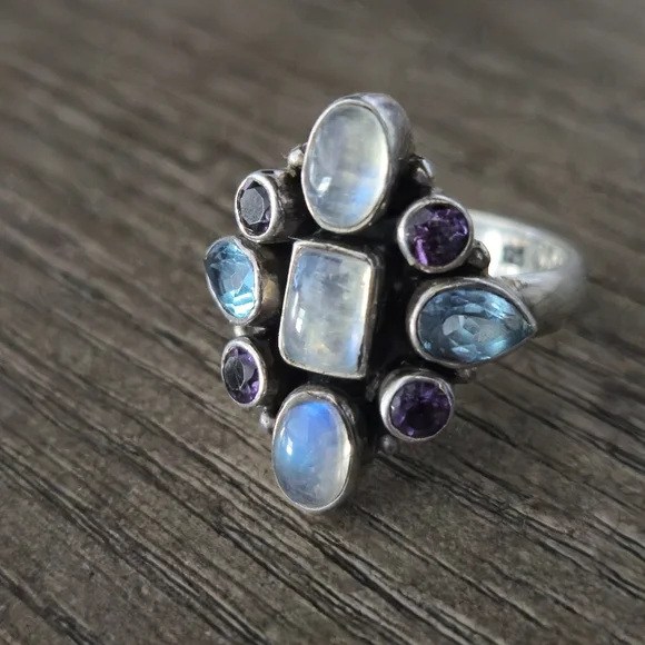 Nicky Butler 925 Sterling Silver Moonstone Blue Topaz Amethyst Ring Sz 7 Vintage - Picture 11 of 16